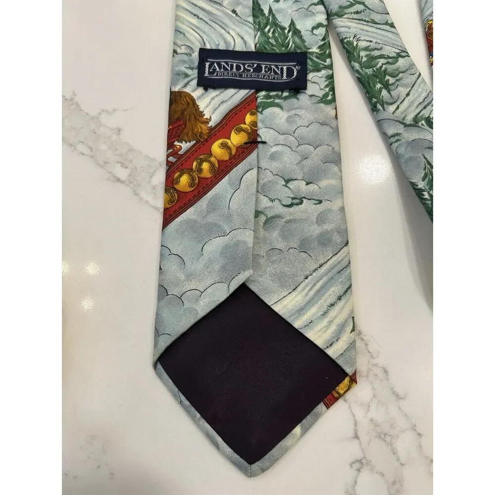 Vtg LANDS END SILK Mens TIE “SLEIGH RIDE TO GRANDMAS HOUSE” 3.5” Hand Sewn USA